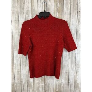 Vintage Notations Women's Red Sequin Half Sleeve Sweater Blouse PL